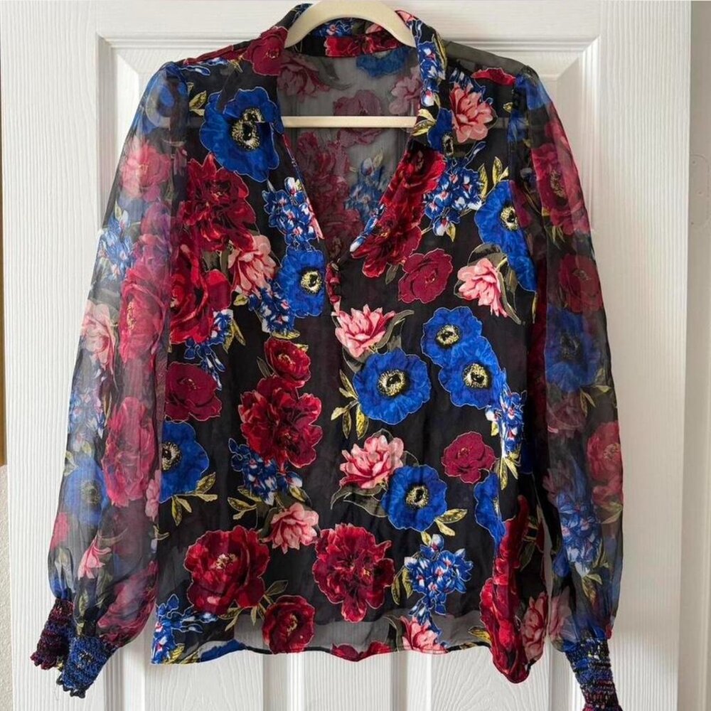 White House Black Market Silk Floral Long Sleeve Top.